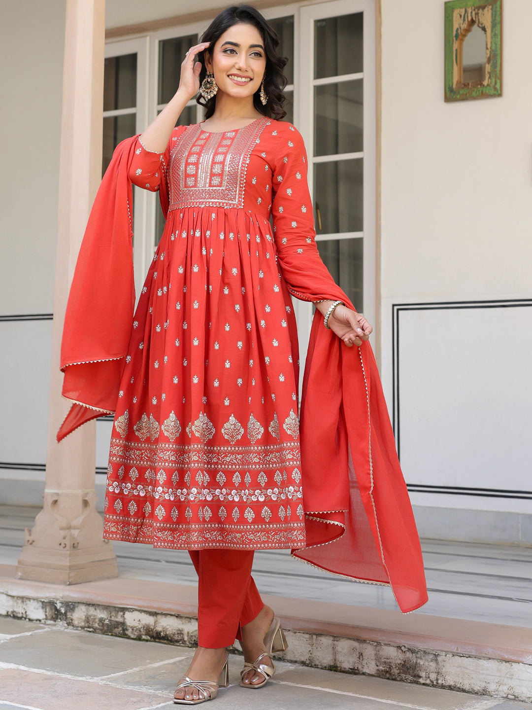 Janasya Bright Cotton Foil Print A-Line Kurta Set | Grocsy