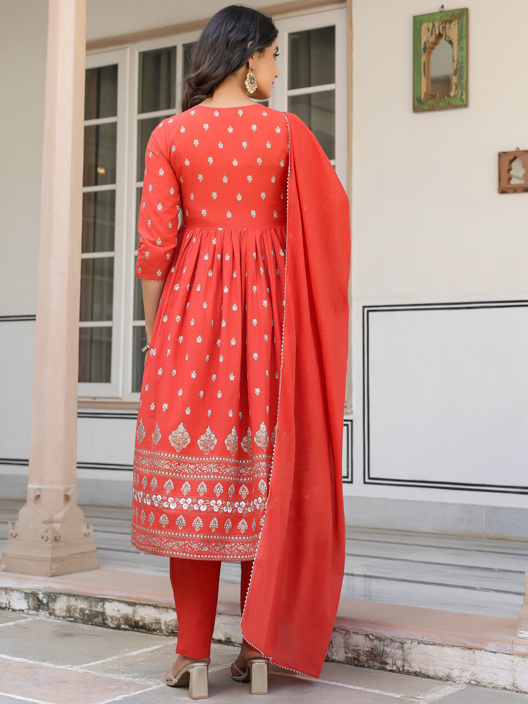 Janasya Bright Cotton Foil Print A-Line Kurta Set | Grocsy