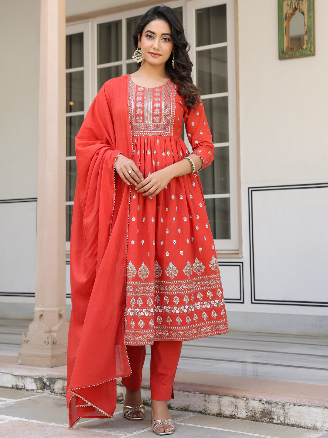 Janasya Bright Cotton Foil Print A-Line Kurta Set | Grocsy