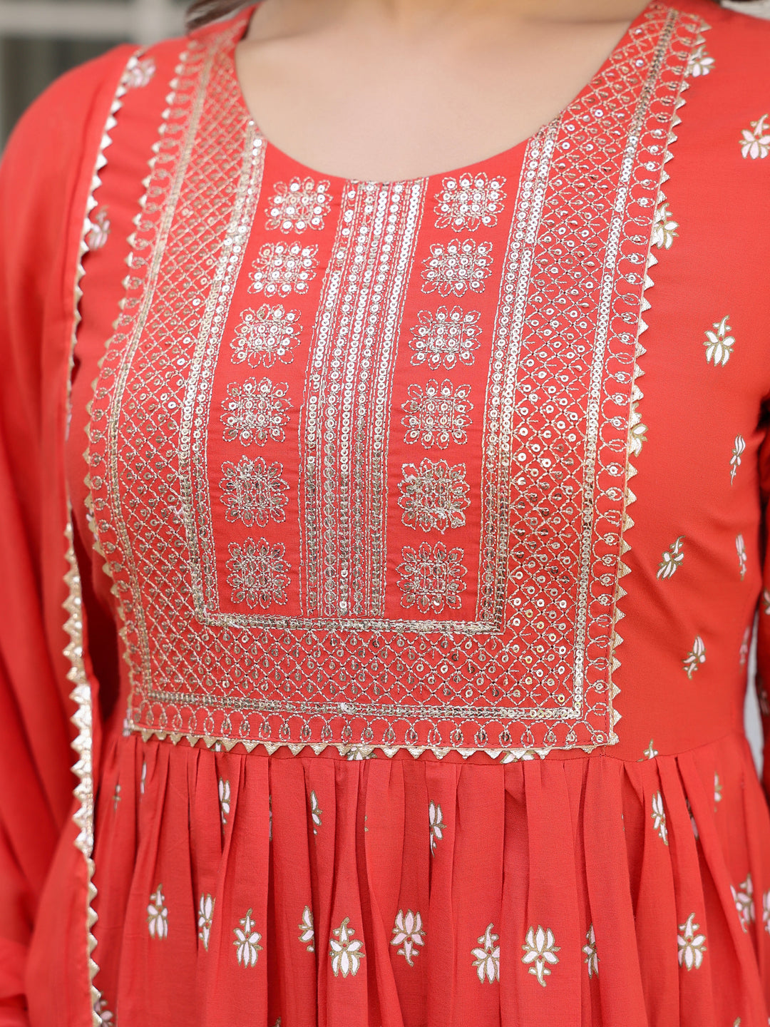 Janasya Bright Cotton Foil Print A-Line Kurta Set | Grocsy