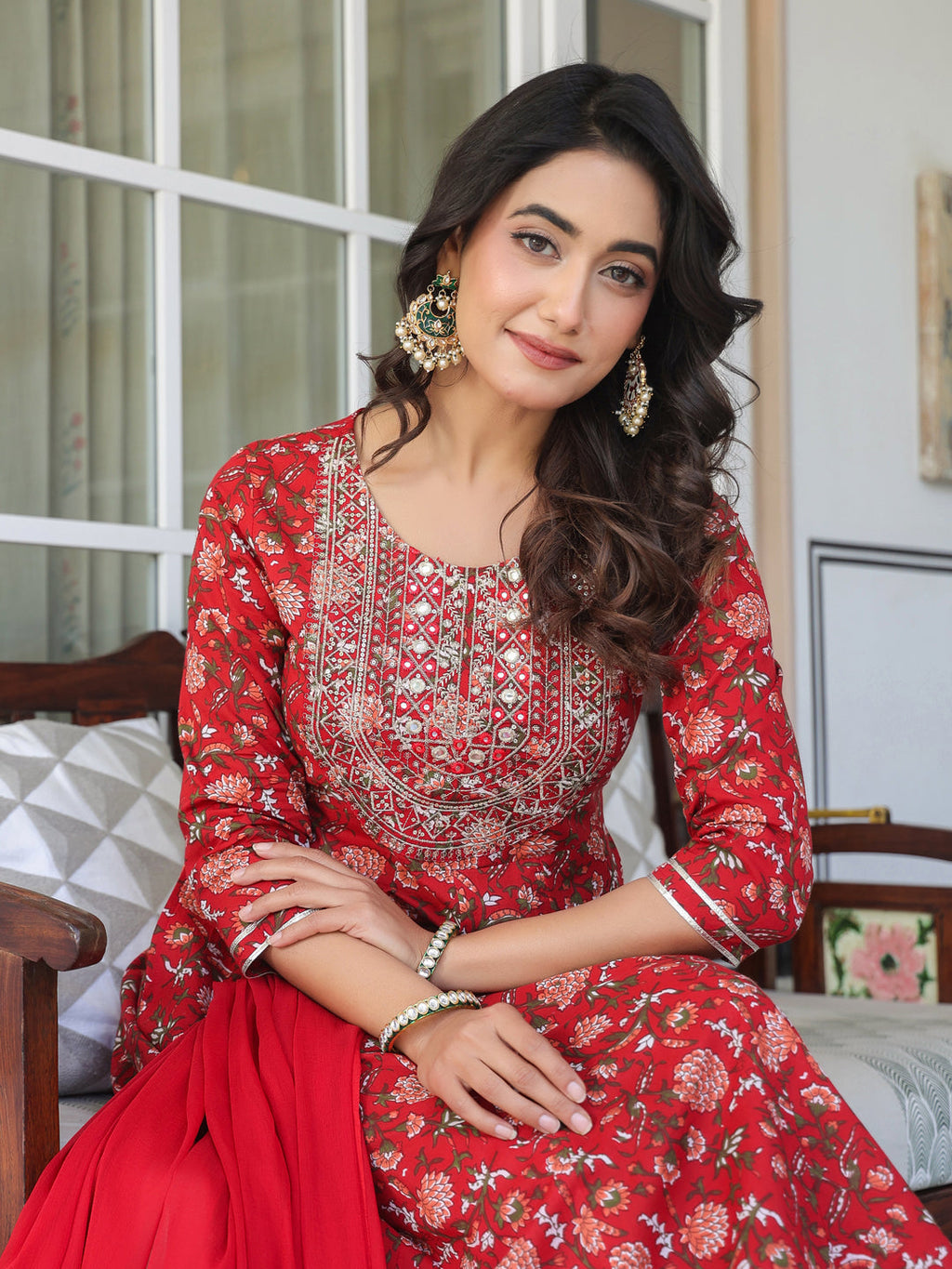 Janasya Bright Cotton Yoke Embroidery A-Line Kurta Set | Grocsy