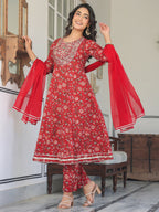 Janasya Bright Cotton Yoke Embroidery A-Line Kurta Set | Grocsy