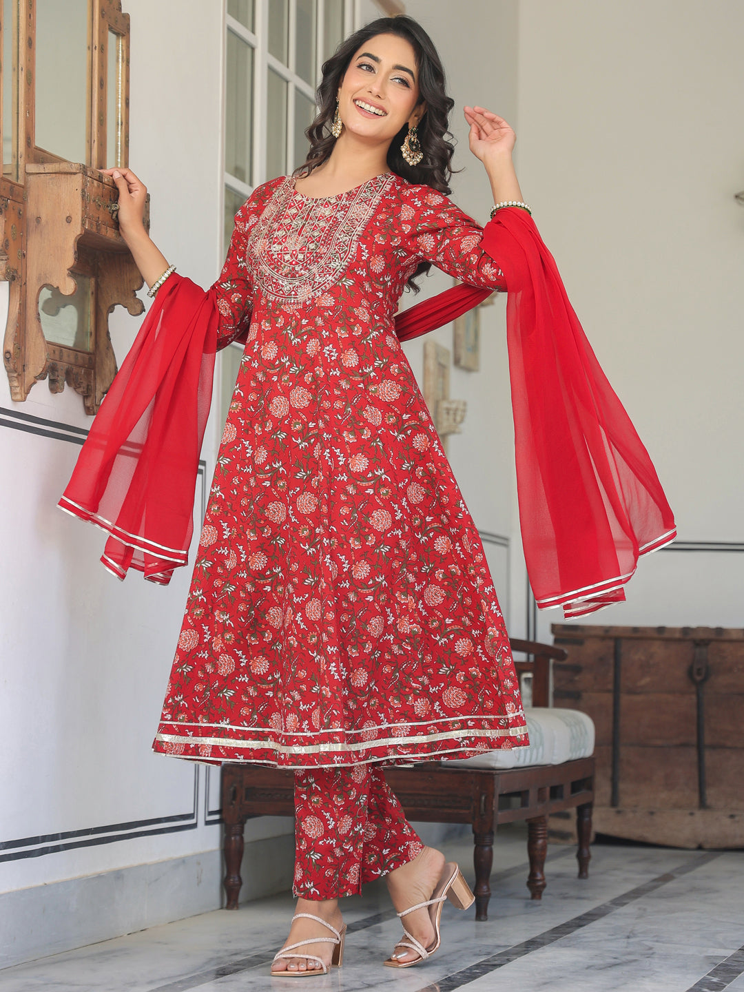 Janasya Bright Cotton Yoke Embroidery A-Line Kurta Set | Grocsy