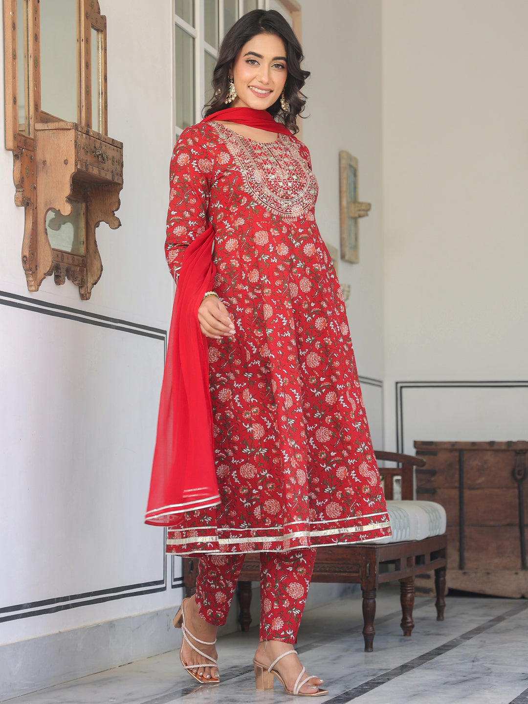 Janasya Bright Cotton Yoke Embroidery A-Line Kurta Set | Grocsy
