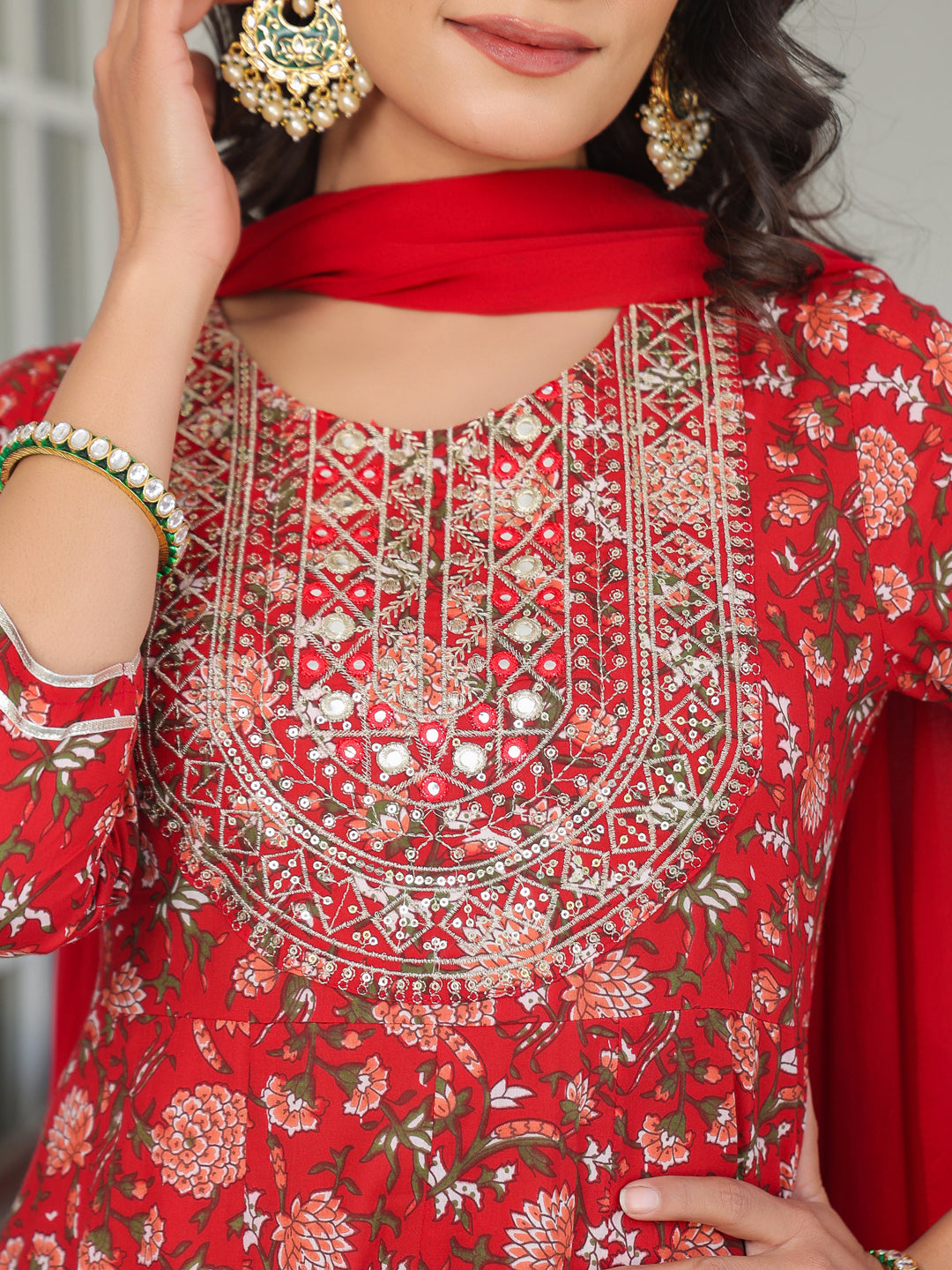 Janasya Bright Cotton Yoke Embroidery A-Line Kurta Set | Grocsy