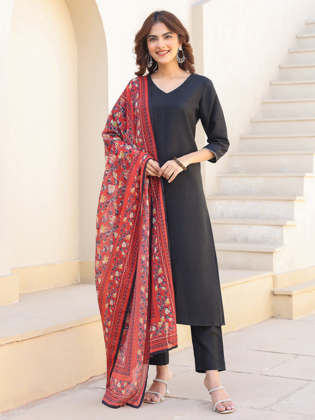 Janasya Dark Silk Blend Solid Straight Kurta Set | Grocsy