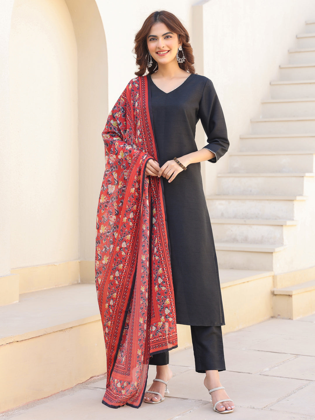 Janasya Dark Silk Blend Solid Straight Kurta Set | Grocsy