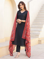 Janasya Dark Silk Blend Solid Straight Kurta Set | Grocsy