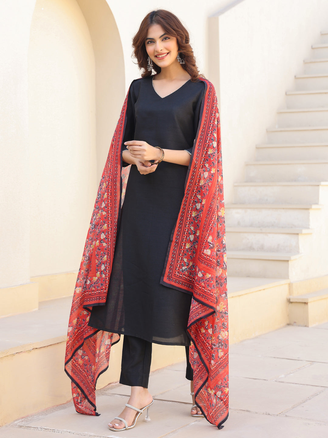 Janasya Dark Silk Blend Solid Straight Kurta Set | Grocsy
