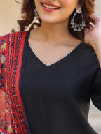 Janasya Dark Silk Blend Solid Straight Kurta Set | Grocsy