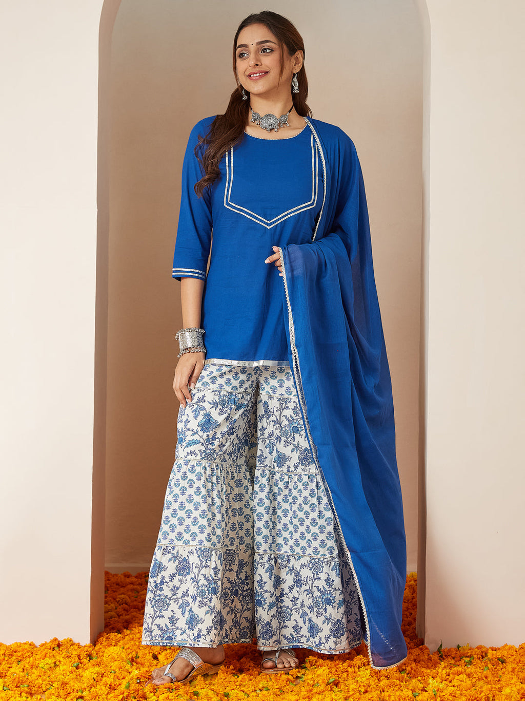 Janasya Dark Cambric Embellished A-Line Kurta Set | Grocsy