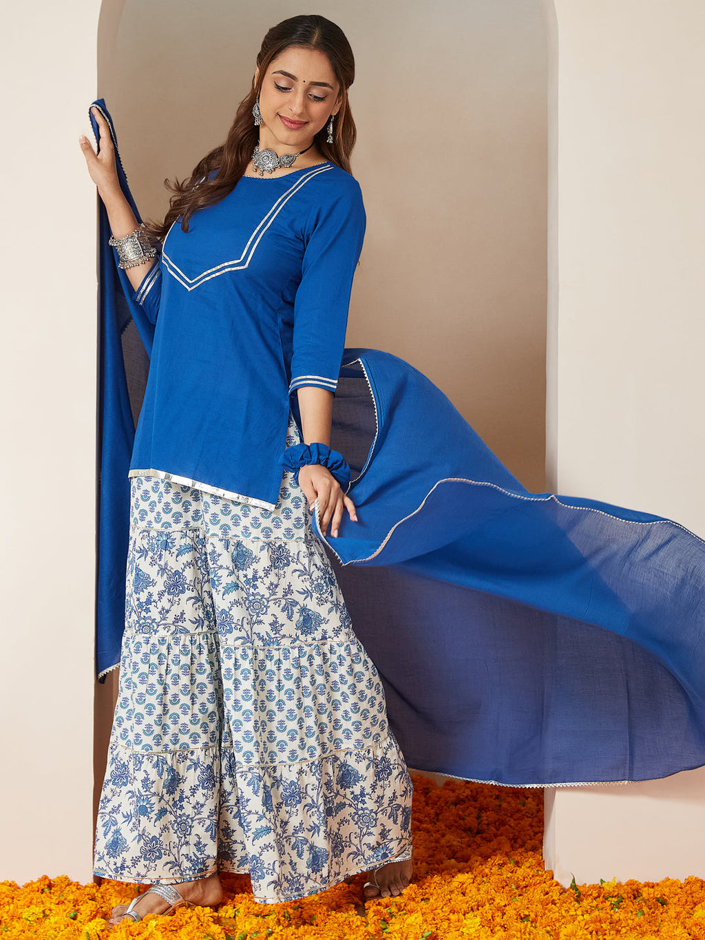 Janasya Dark Cambric Embellished A-Line Kurta Set | Grocsy