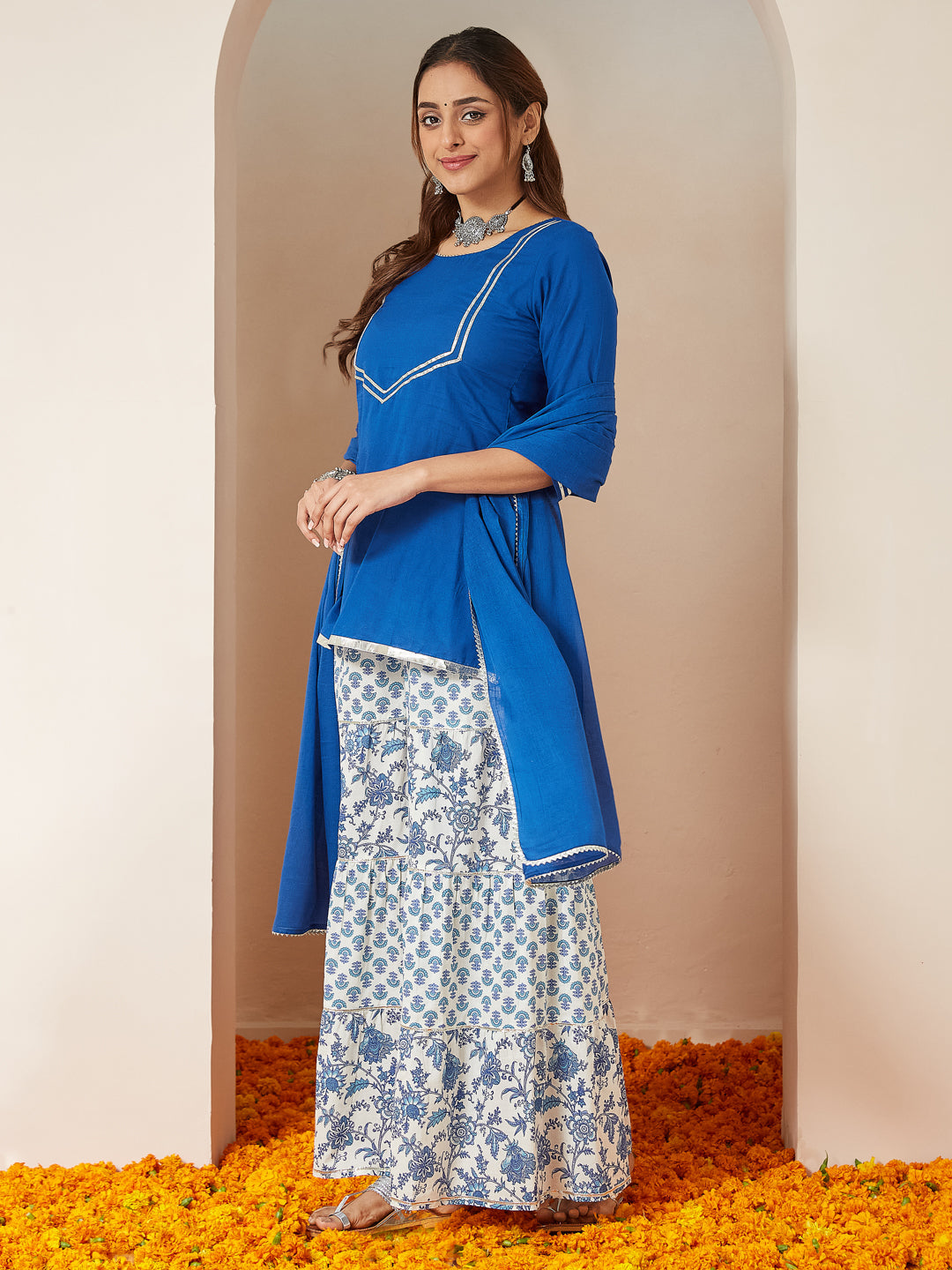 Janasya Dark Cambric Embellished A-Line Kurta Set | Grocsy