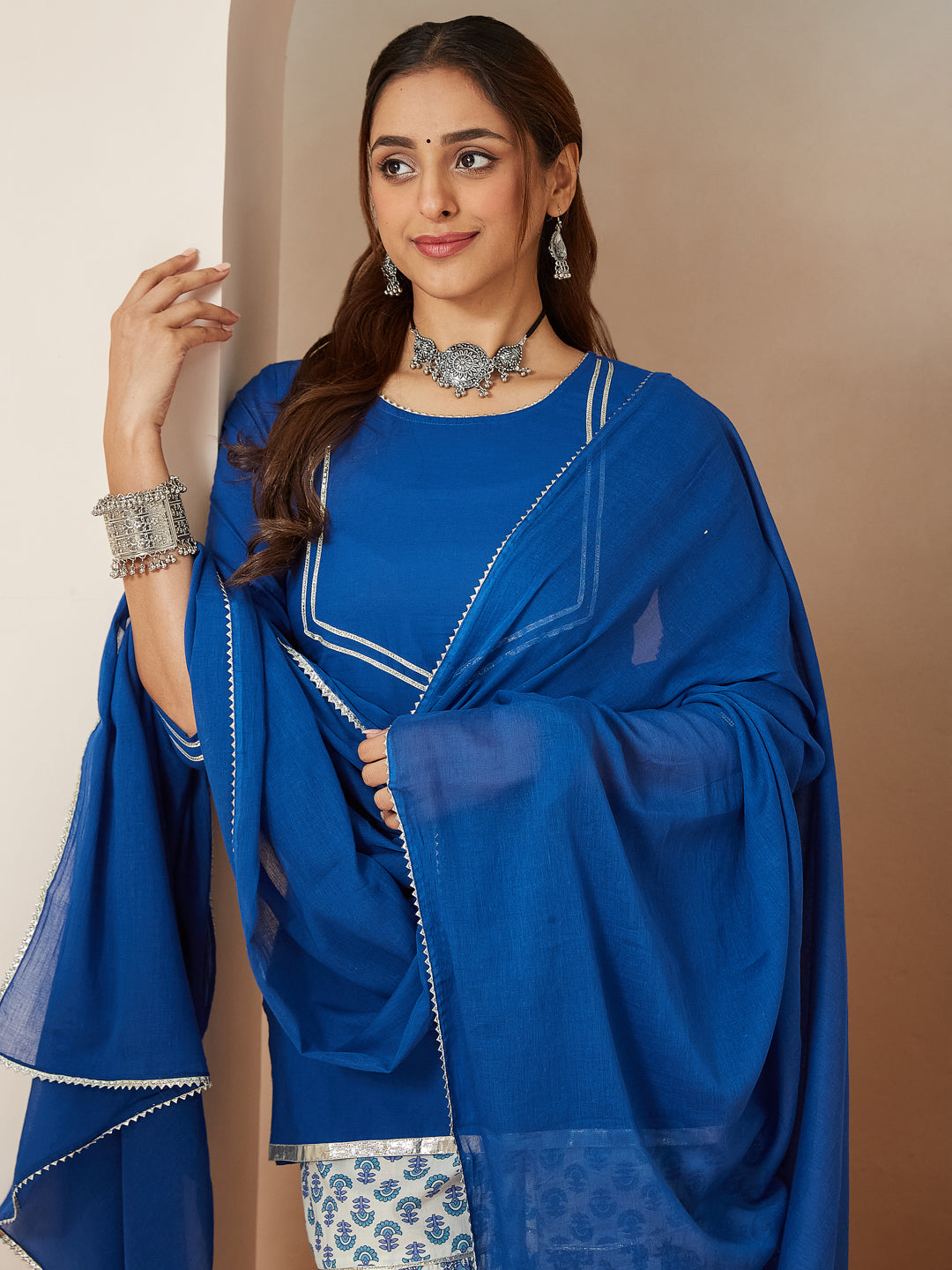 Janasya Dark Cambric Embellished A-Line Kurta Set | Grocsy