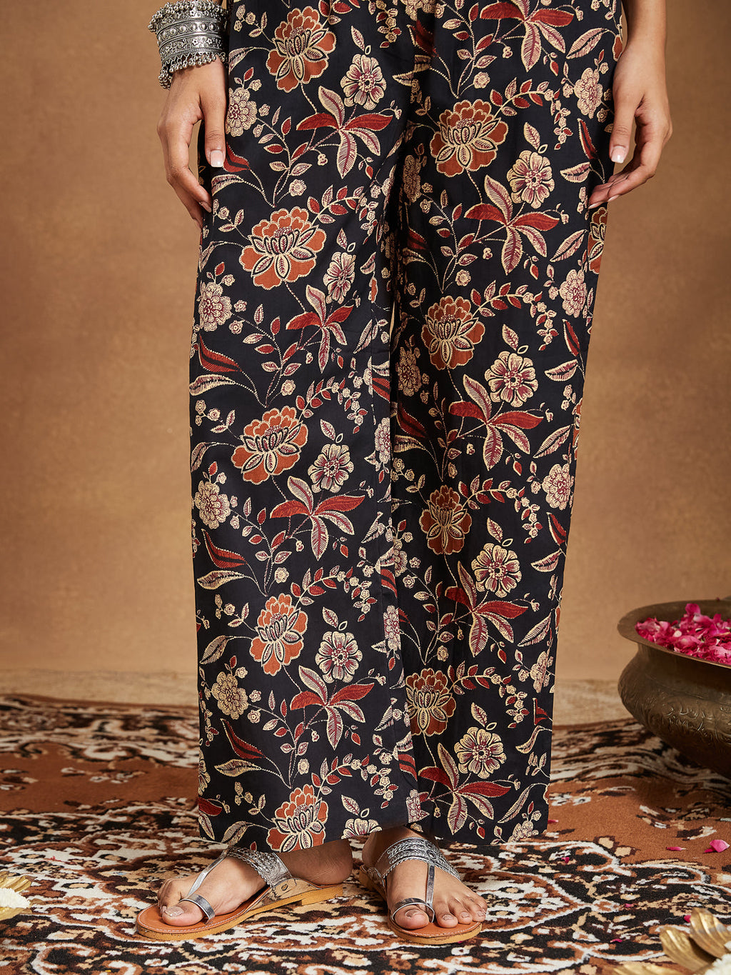 Janasya Dark Cotton Floral A-Line Kurta Set | Grocsy