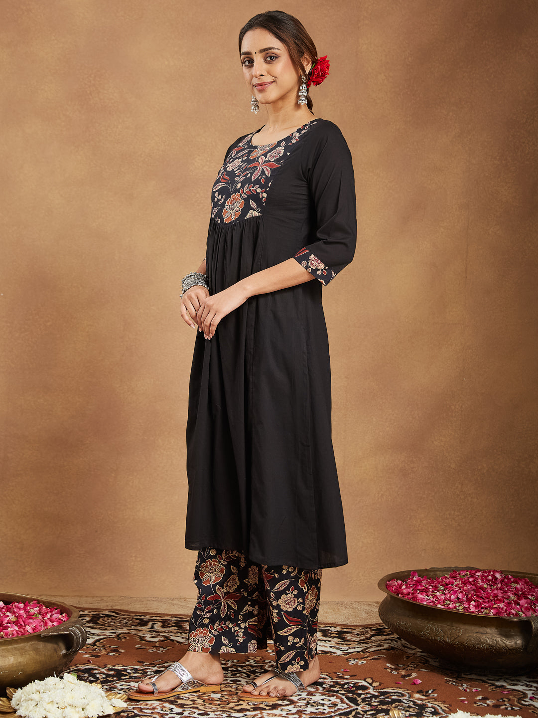 Janasya Dark Cotton Floral A-Line Kurta Set | Grocsy