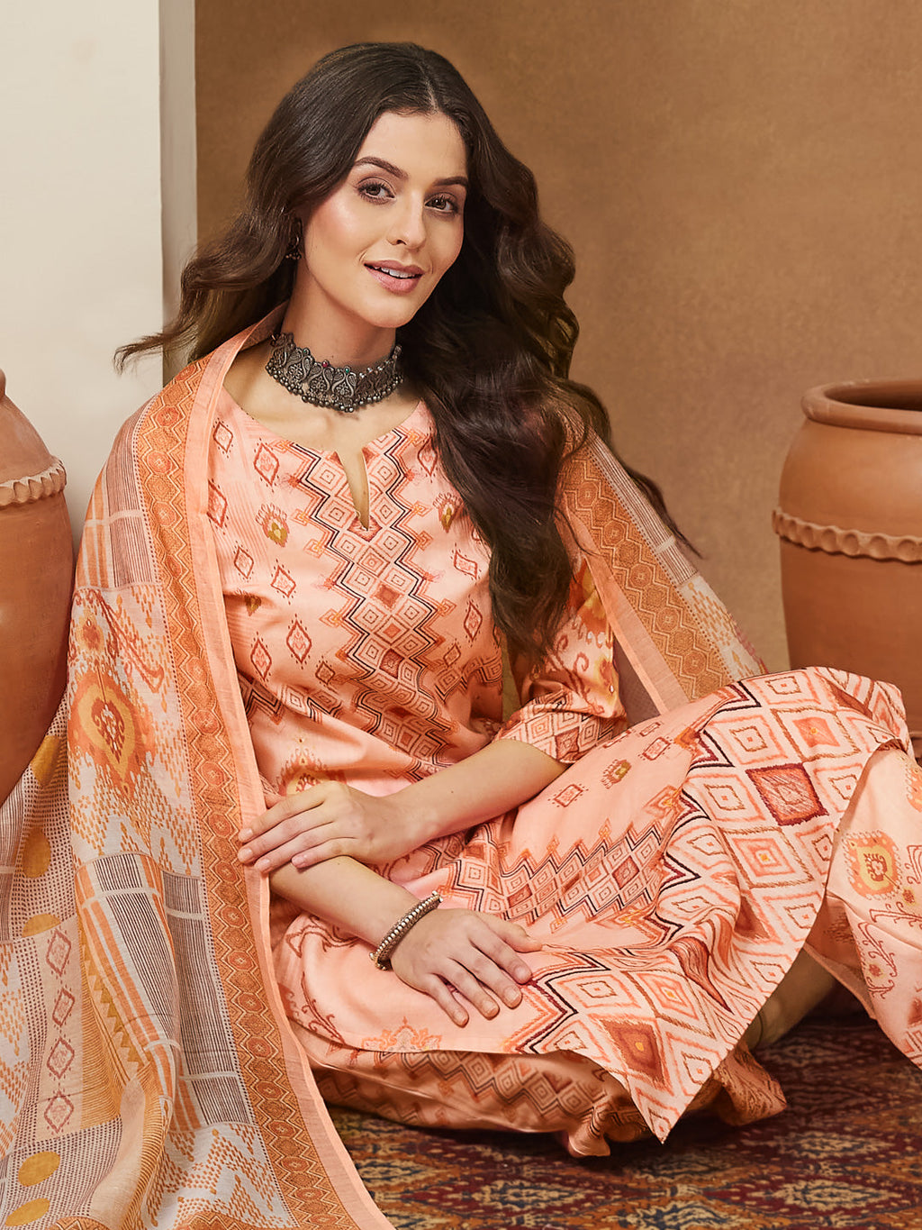 Janasya Peach Straight Cotton Blend Kurta,Bottom & Dupatta | Grocsy