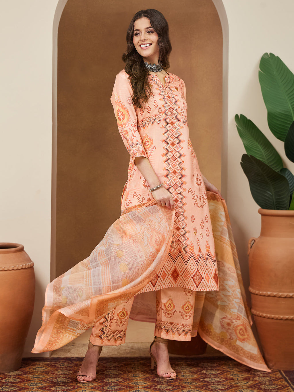 Janasya Peach Straight Cotton Blend Kurta,Bottom & Dupatta | Grocsy