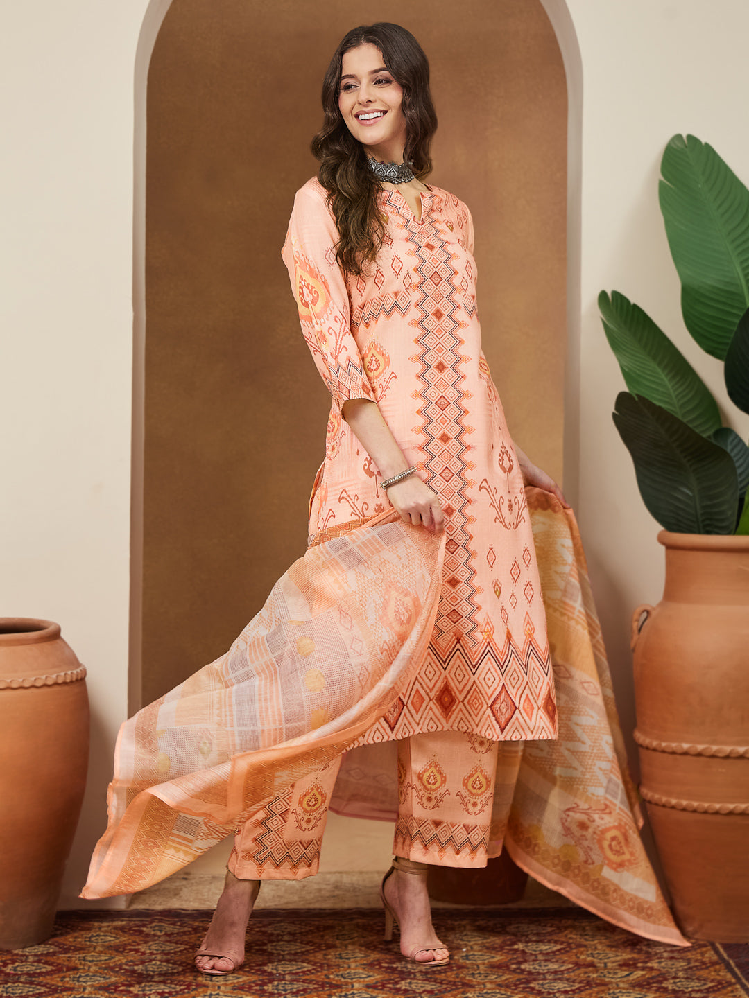 Janasya Peach Straight Cotton Blend Kurta,Bottom & Dupatta | Grocsy