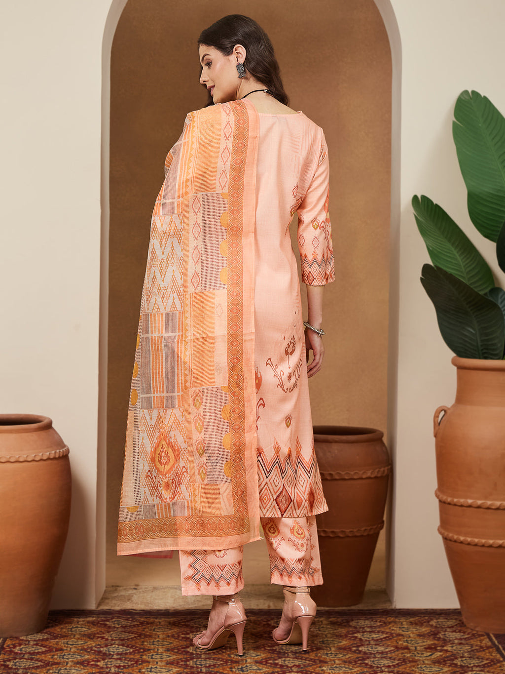 Janasya Peach Straight Cotton Blend Kurta,Bottom & Dupatta | Grocsy