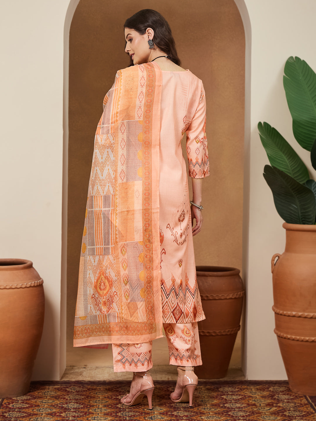 Janasya Peach Straight Cotton Blend Kurta,Bottom & Dupatta | Grocsy