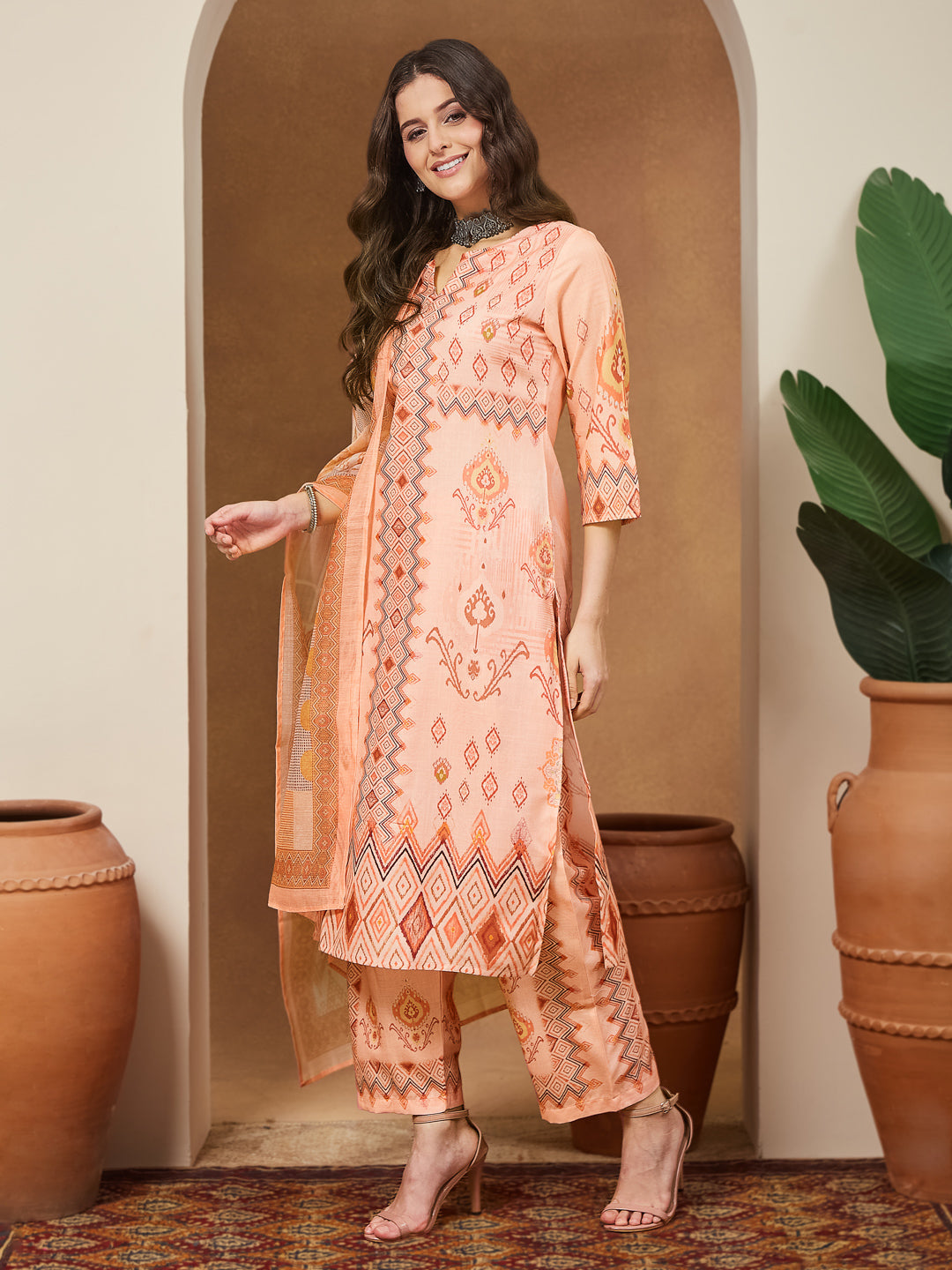 Janasya Peach Straight Cotton Blend Kurta,Bottom & Dupatta | Grocsy