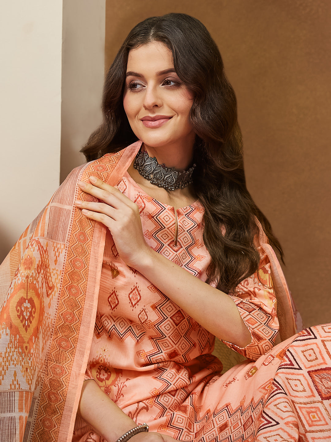 Janasya Peach Straight Cotton Blend Kurta,Bottom & Dupatta | Grocsy