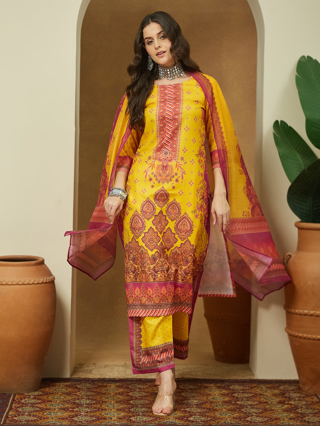 Janasya Yellow Straight Cotton Blend Kurta,Bottom & Dupatta | Grocsy