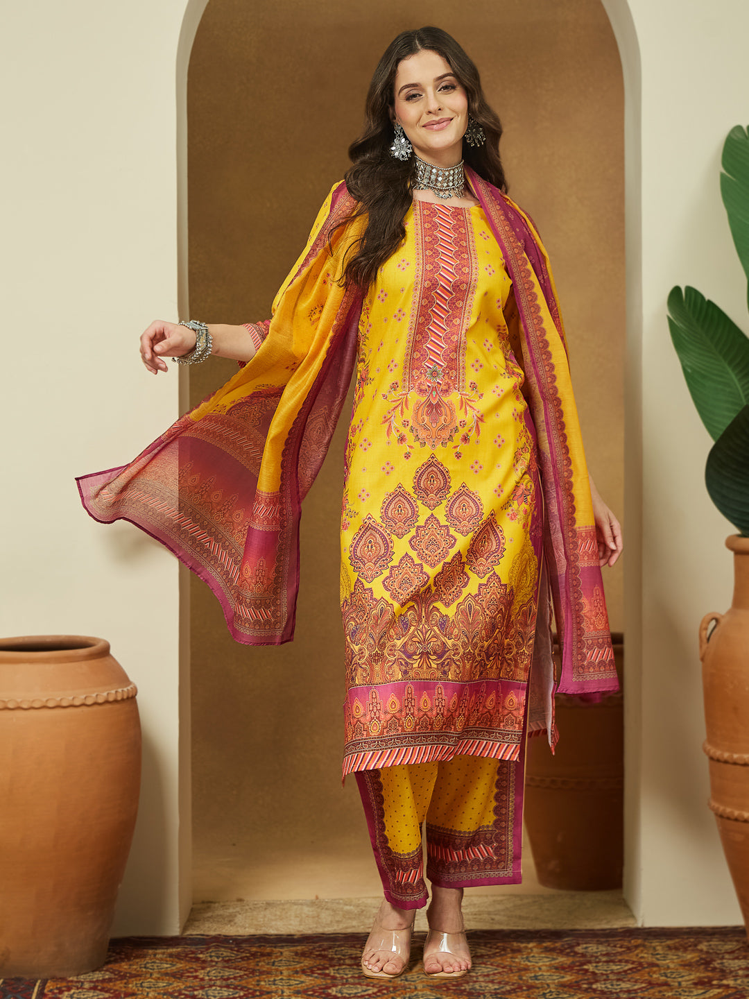 Janasya Yellow Straight Cotton Blend Kurta,Bottom & Dupatta | Grocsy