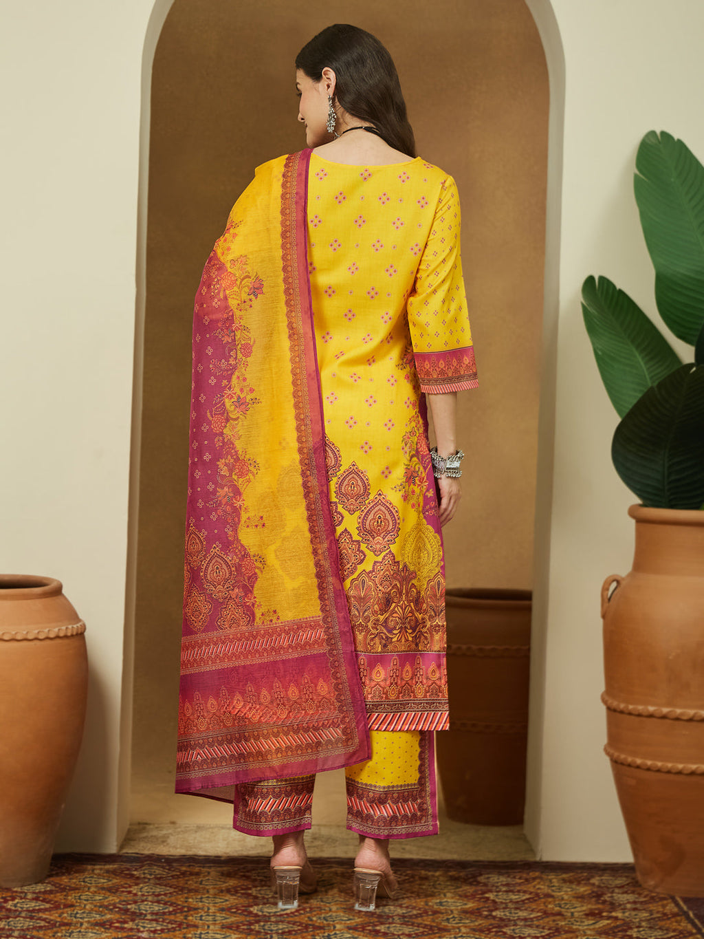 Janasya Yellow Straight Cotton Blend Kurta,Bottom & Dupatta | Grocsy