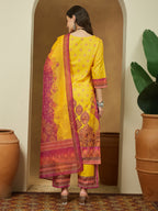 Janasya Yellow Straight Cotton Blend Kurta,Bottom & Dupatta | Grocsy