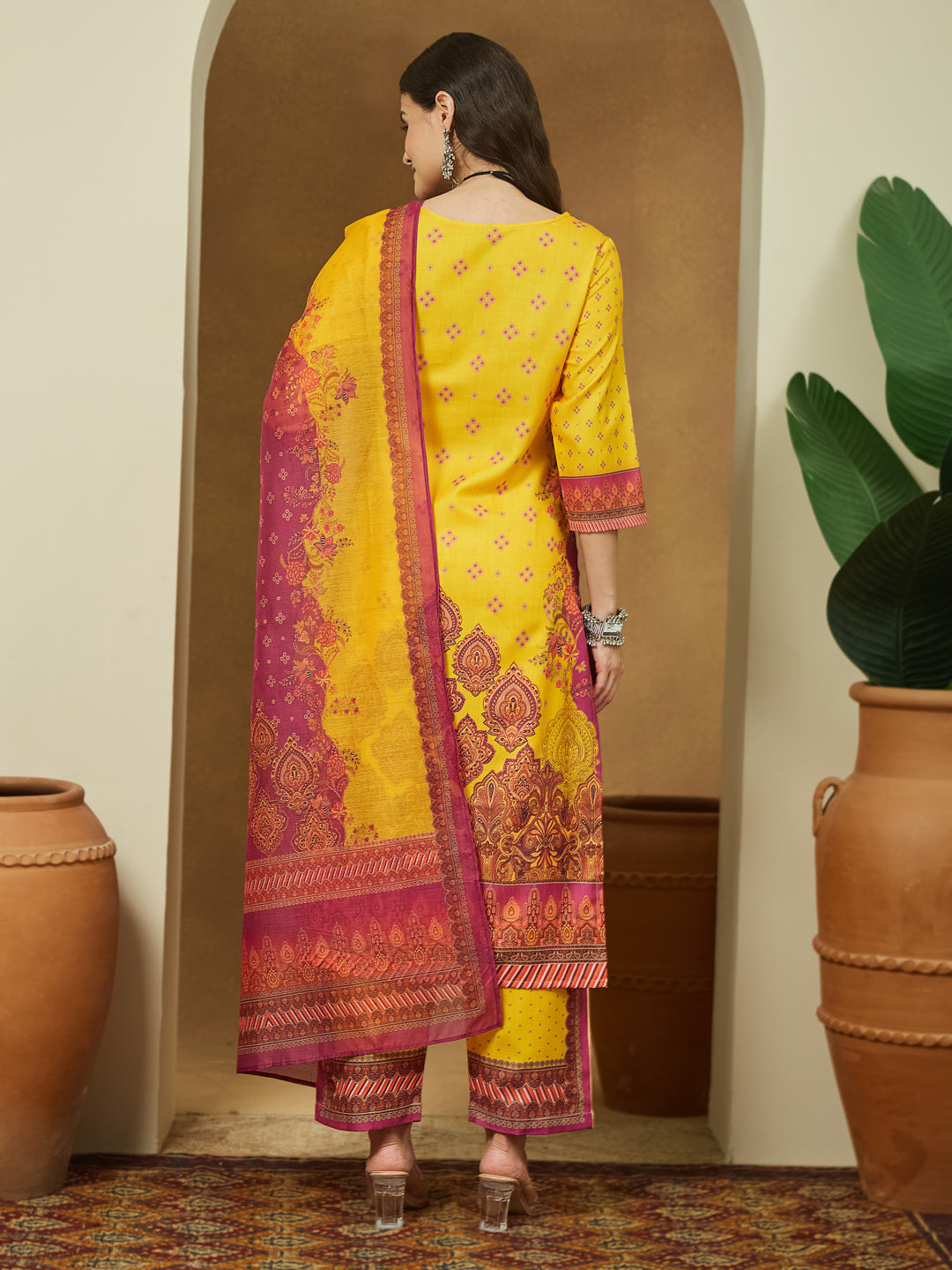 Janasya Yellow Straight Cotton Blend Kurta,Bottom & Dupatta | Grocsy