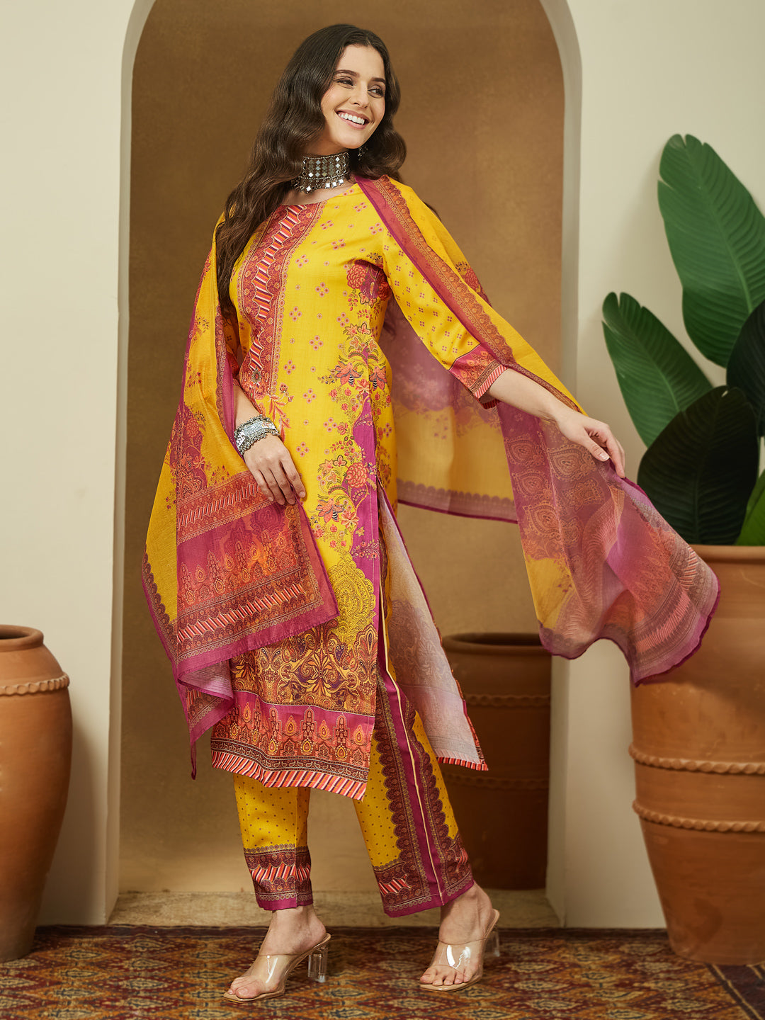 Janasya Yellow Straight Cotton Blend Kurta,Bottom & Dupatta | Grocsy