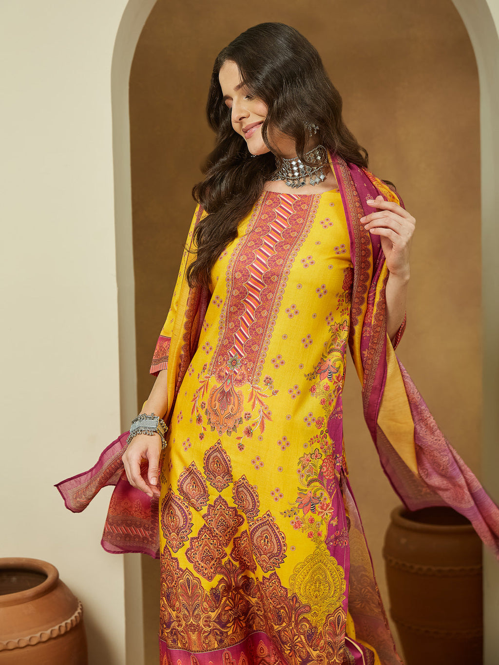 Janasya Yellow Straight Cotton Blend Kurta,Bottom & Dupatta | Grocsy