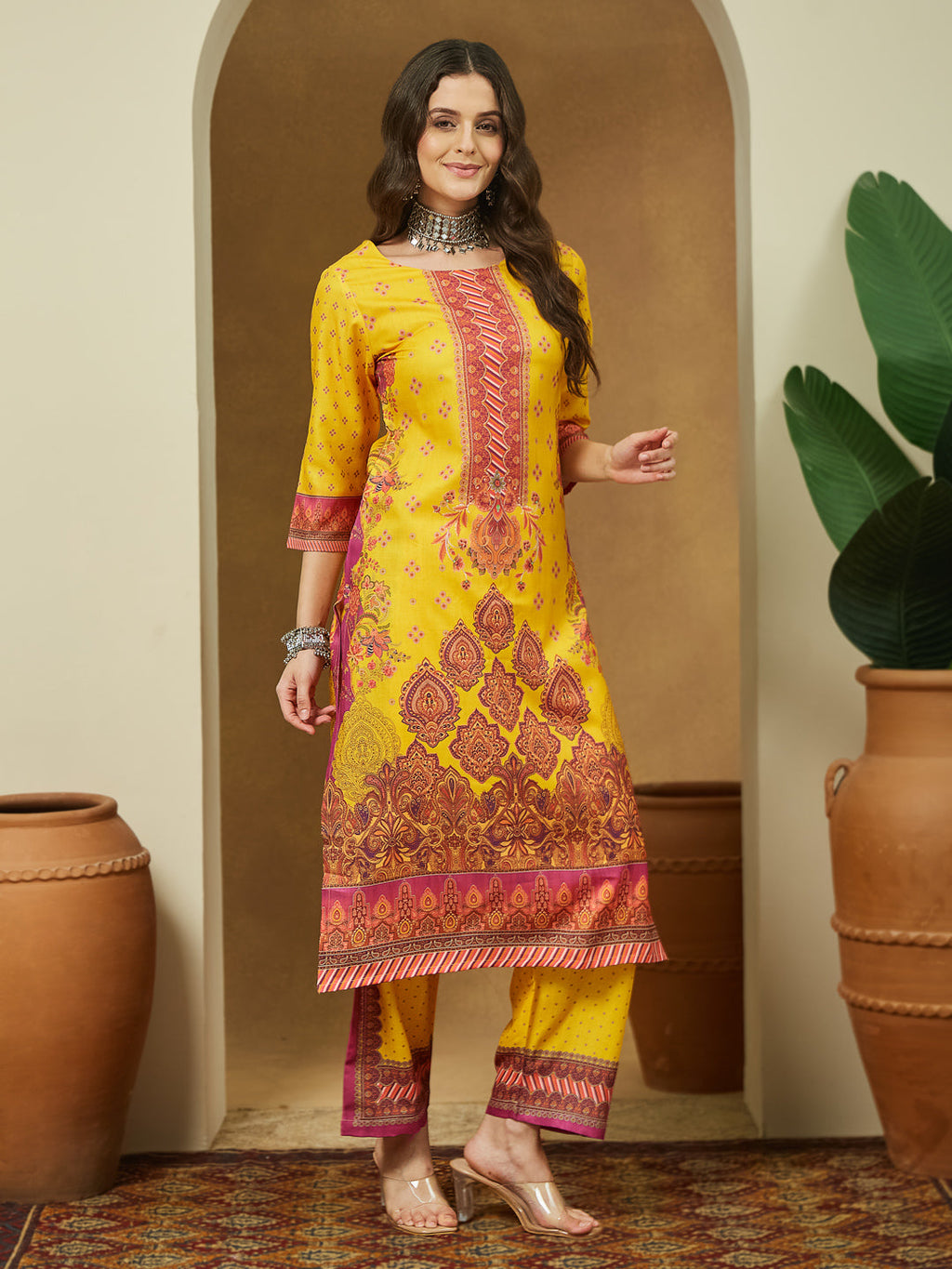 Janasya Yellow Straight Cotton Blend Kurta,Bottom & Dupatta | Grocsy
