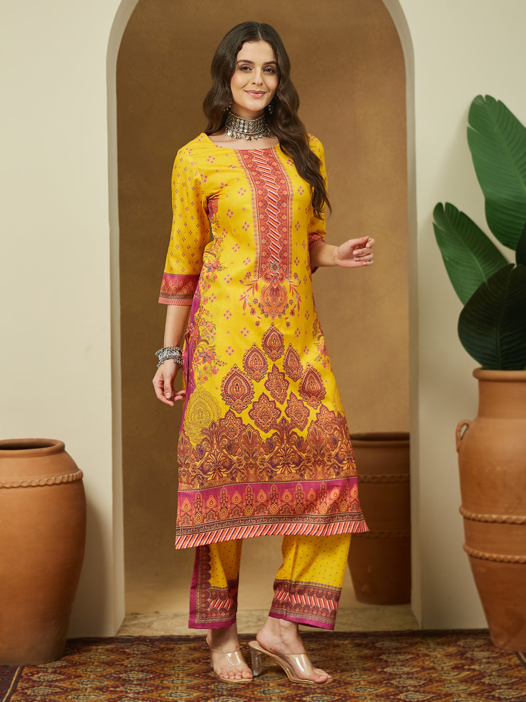 Janasya Yellow Straight Cotton Blend Kurta,Bottom & Dupatta | Grocsy