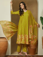 Janasya Mustard Anarkali Cotton Blend Kurta,Bottom & Dupatta | Grocsy