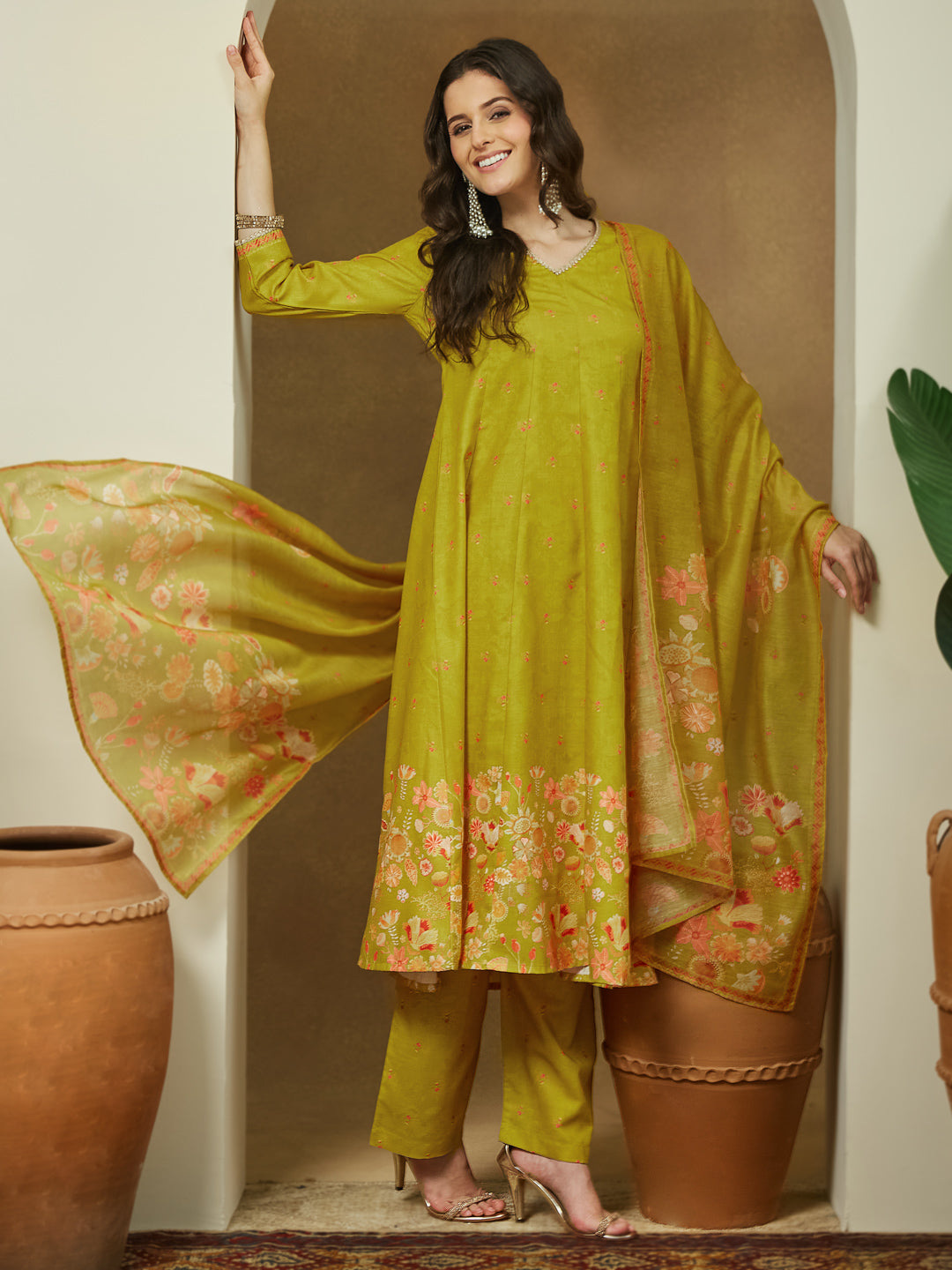 Janasya Mustard Anarkali Cotton Blend Kurta,Bottom & Dupatta | Grocsy