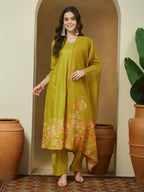 Janasya Mustard Anarkali Cotton Blend Kurta,Bottom & Dupatta | Grocsy