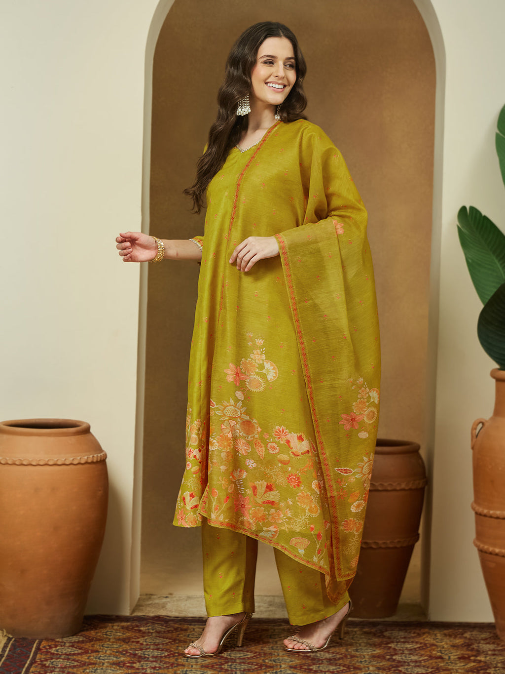 Janasya Mustard Anarkali Cotton Blend Kurta,Bottom & Dupatta | Grocsy