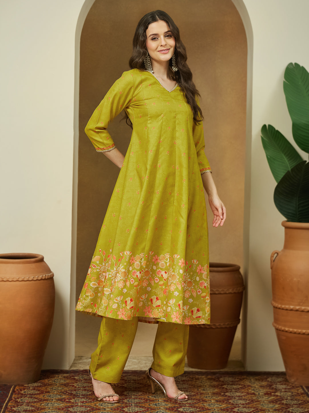 Janasya Mustard Anarkali Cotton Blend Kurta,Bottom & Dupatta | Grocsy