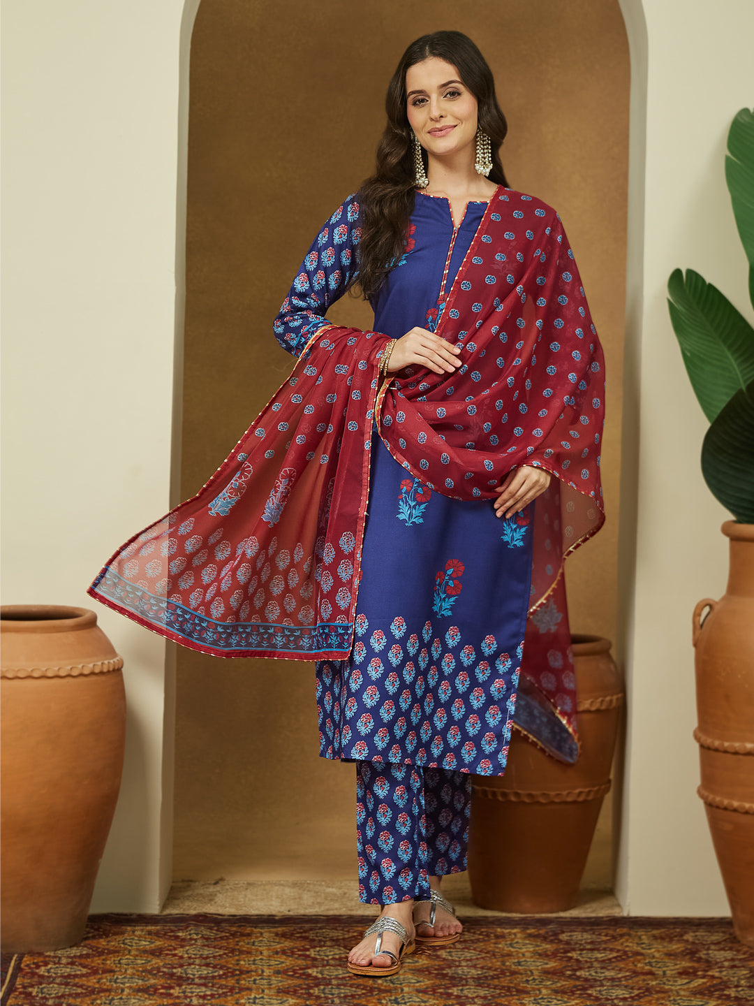 Janasya Purple Straight Cotton Blend Kurta,Bottom & Dupatta | Grocsy