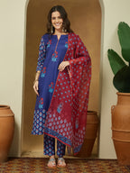 Janasya Purple Straight Cotton Blend Kurta,Bottom & Dupatta | Grocsy