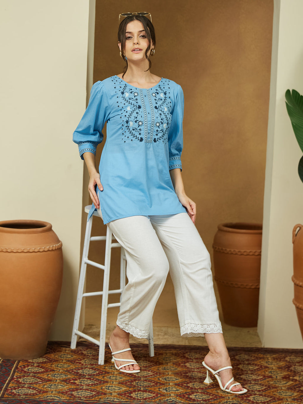 Janasya Light Cotton Embroidered Straight Tunic | Grocsy