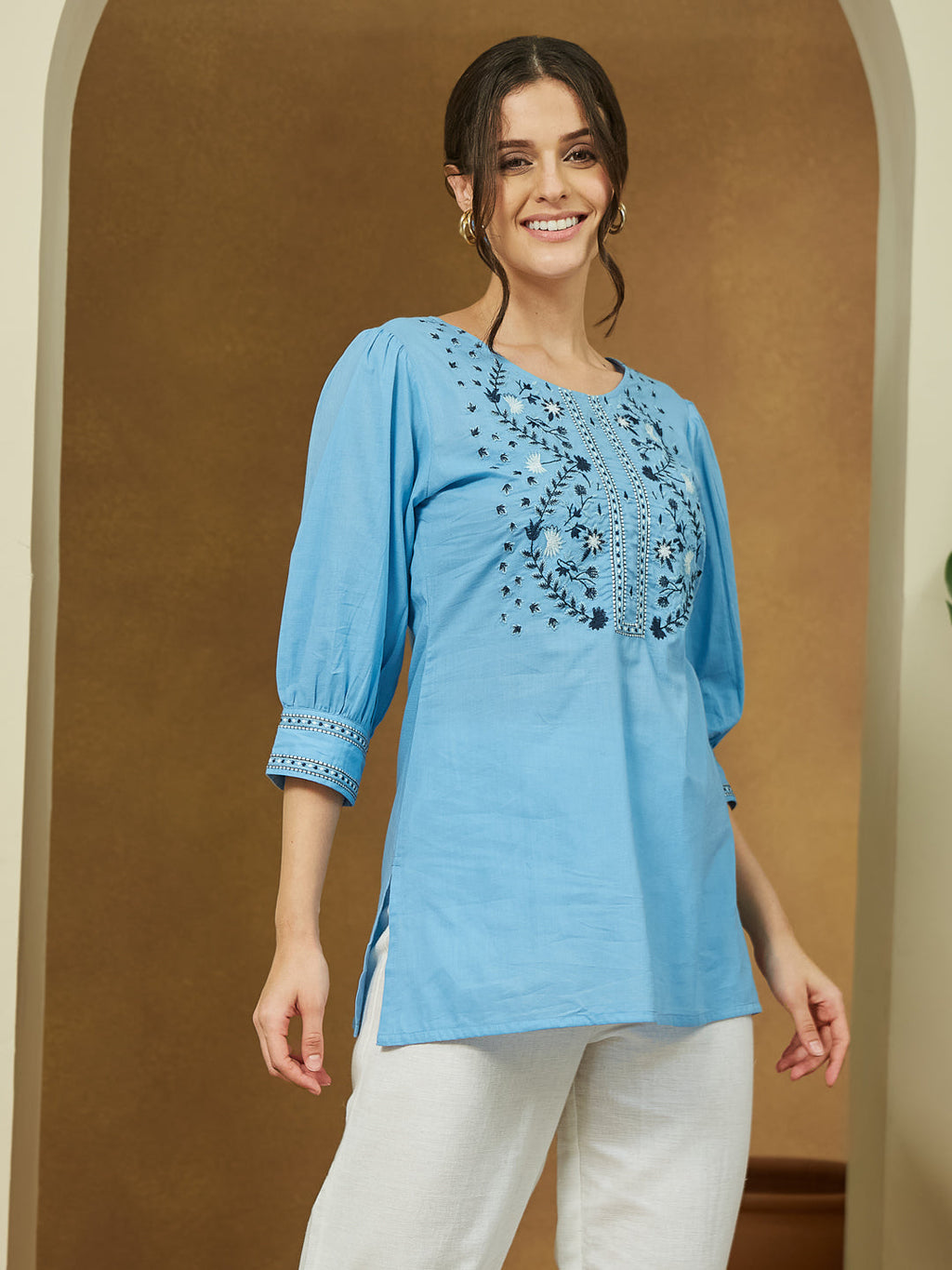 Janasya Light Cotton Embroidered Straight Tunic | Grocsy