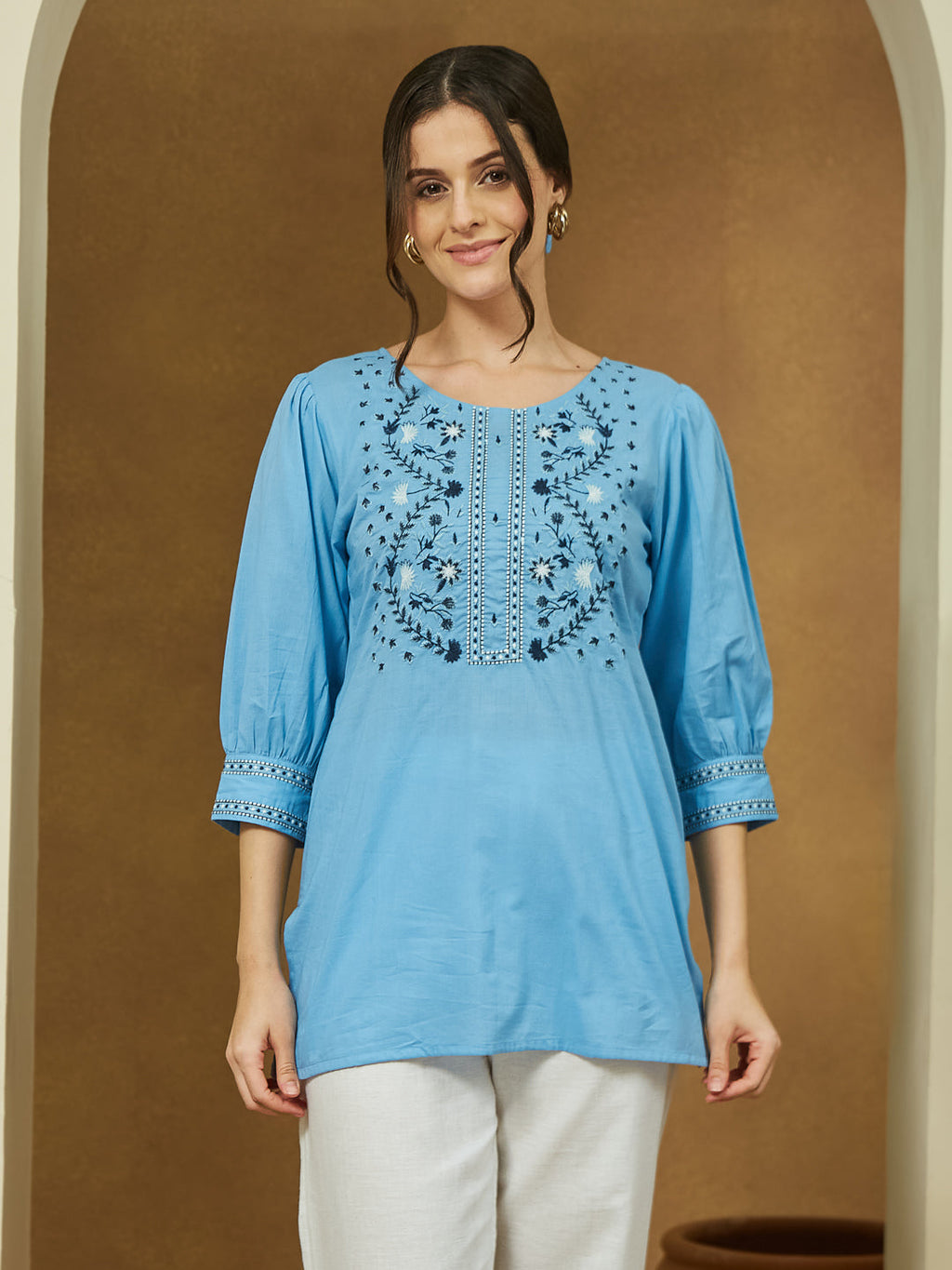 Janasya Light Cotton Embroidered Straight Tunic | Grocsy