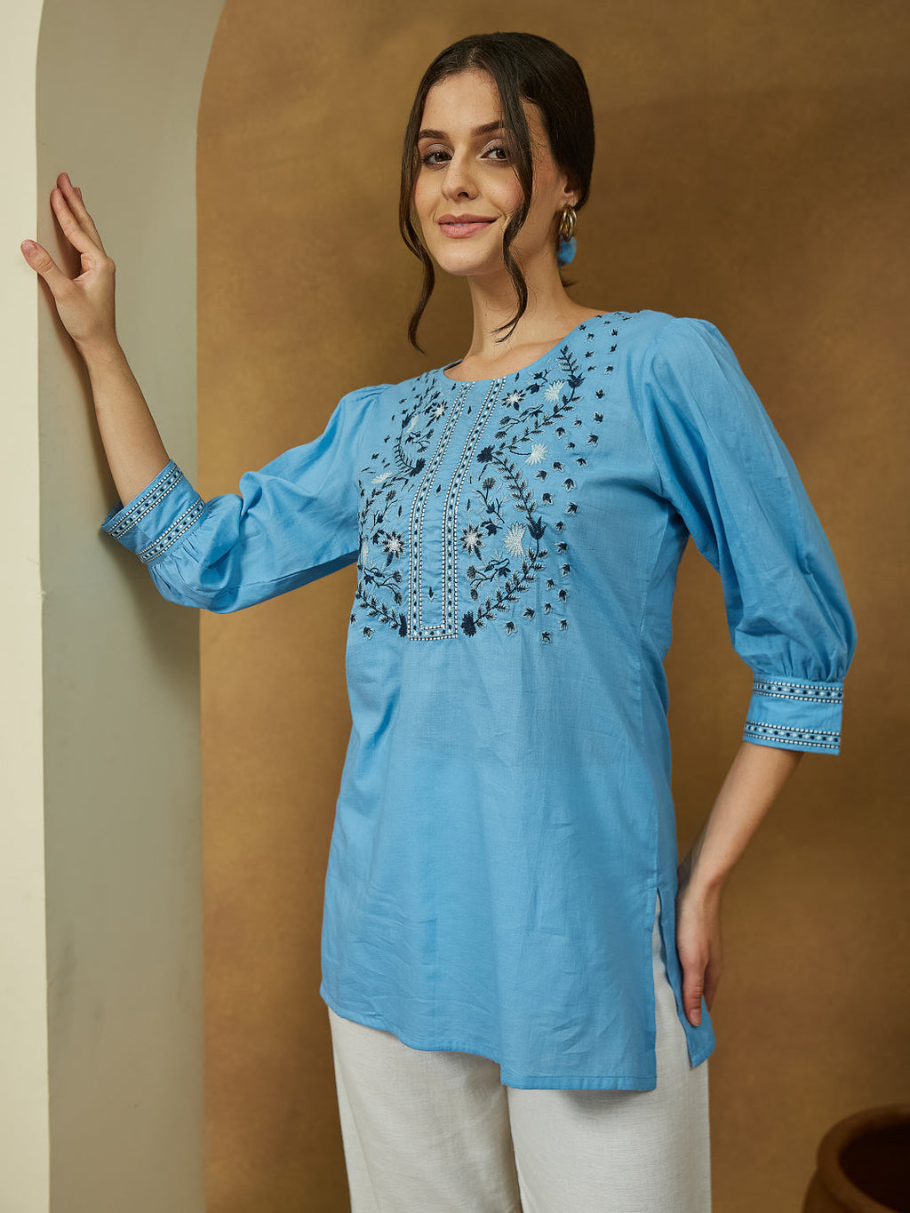 Janasya Light Cotton Embroidered Straight Tunic | Grocsy