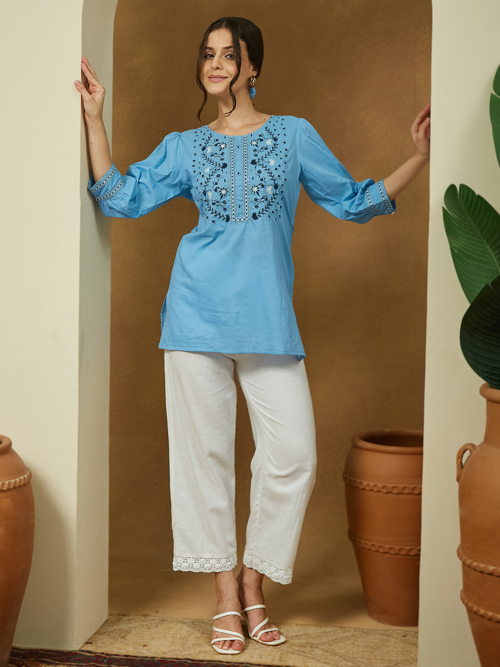 Janasya Light Cotton Embroidered Straight Tunic | Grocsy