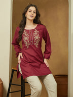 Janasya Dark Rayon Embroidered Straight Tunic | Grocsy