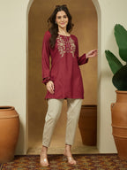Janasya Dark Rayon Embroidered Straight Tunic | Grocsy
